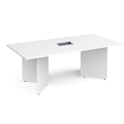 Arrow head leg rectangular boardroom table 2000mm x 1000mm in white with central cutout and Aero power module