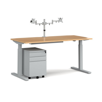 Elev8 Mono straight sit-stand desk 1600mm - silver frame/beech top with matching double monitor arm plus steel pedestal and cable tray