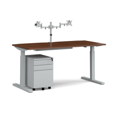 Elev8 Mono straight sit-stand desk 1600mm - silver frame/walnut top with matching double monitor arm plus steel pedestal and cable tray