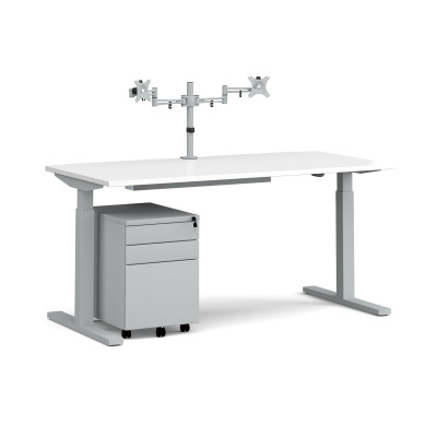 Elev8 Mono straight sit-stand desk 1600mm - silver frame/white top with matching double monitor arm plus steel pedestal and cable tray