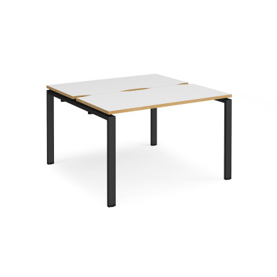 Adapt II back to back desks 1200mm x 1200mm - black frame and white top with oak edging