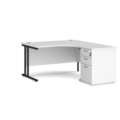 Maestro 25 right hand ergonomic desk 1400mm with black cantilever frame and desk high pedestal - white