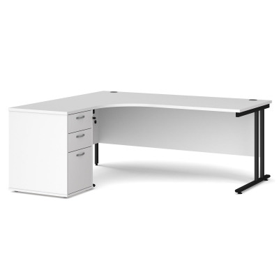 Maestro 25 left hand ergonomic desk 1800mm with black cantilever frame and desk high pedestal - white