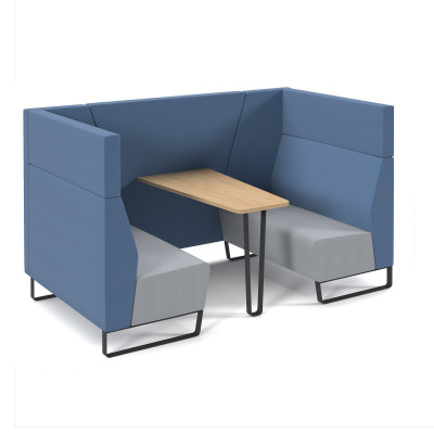 Encore² open high back 4 person meeting booth with kendal oak table and black sled frame - late grey seats with range blue backs and infill panel