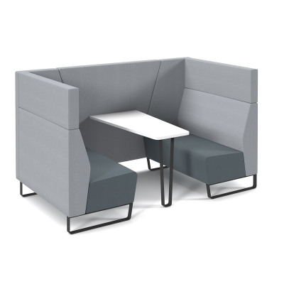 Encore² open high back 4 person meeting booth with white table and black sled frame - elapse grey seats with late grey backs and infill panel