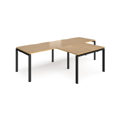 Adapt double straight desks 2800mm x 800mm with 800mm return desks - black frame and oak top