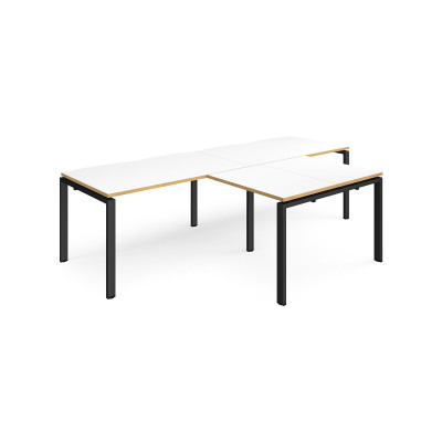 Adapt double straight desks 2800mm x 800mm with 800mm return desks - black frame and white top with oak edge