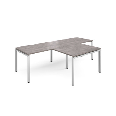 Adapt double straight desks 2800mm x 800mm with 800mm return desks - silver frame and grey oak top