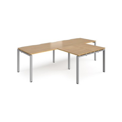 Adapt double straight desks 2800mm x 800mm with 800mm return desks - silver frame and oak top
