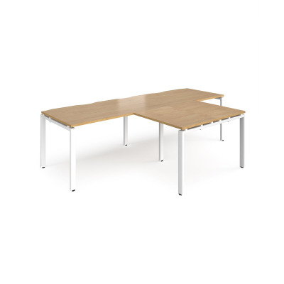Adapt double straight desks 2800mm x 800mm with 800mm return desks - white frame and oak top