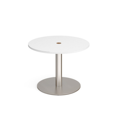Eternal circular meeting table 1000mm with central circular cutout 80mm - brushed steel base and white top