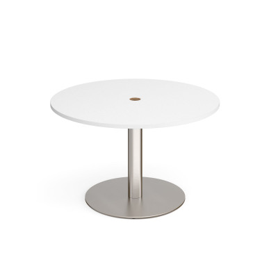 Eternal circular meeting table 1200mm with central circular cutout 80mm - brushed steel base and white top