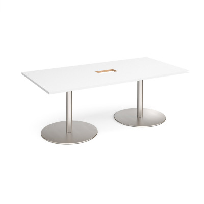 Eternal rectangular boardroom table 2000mm x 1000mm with central cutout 272mm x 132mm - brushed steel base and white top