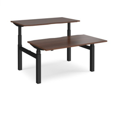 Elev8 Touch sit-stand back-to-back desks 1400mm x 1650mm - black frame and walnut top