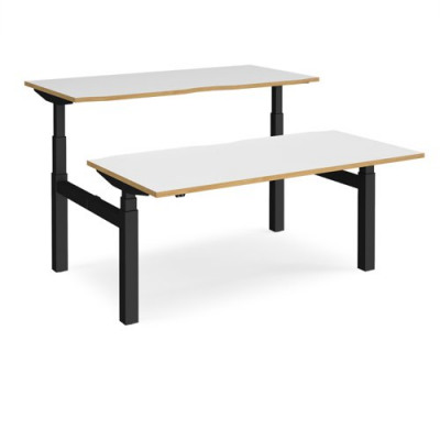 Elev8 Touch sit-stand back-to-back desks 1600mm x 1650mm - black frame and white top with oak edge