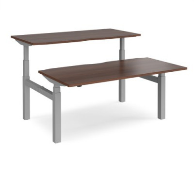 Elev8 Touch sit-stand back-to-back desks 1600mm x 1650mm - silver frame and walnut top