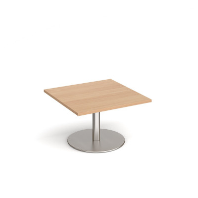 Monza square coffee table with flat round brushed steel base 800mm - beech