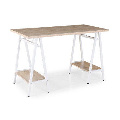 Pella home office workstation with trestle legs  Windsor oak with white frame