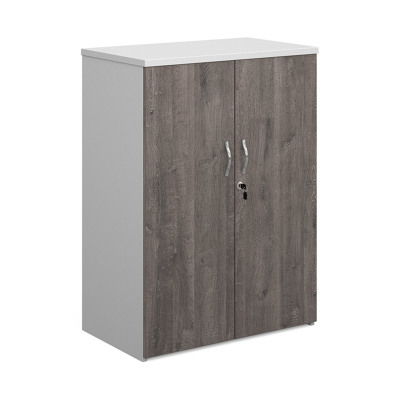 Duo double door cupboard 1090mm high with 2 shelves - white with grey oak doors