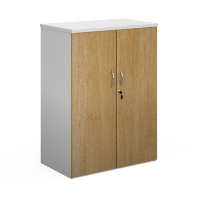 Duo double door cupboard 1090mm high with 2 shelves - white with oak doors