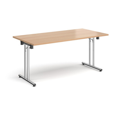 Rectangular folding leg table with chrome legs and straight foot rails 1600mm x 800mm - beech