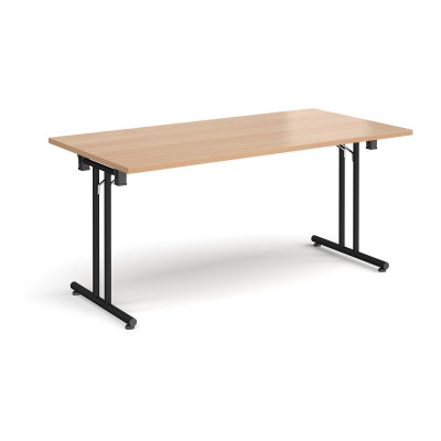 Rectangular folding leg table with black legs and straight foot rails 1600mm x 800mm - beech
