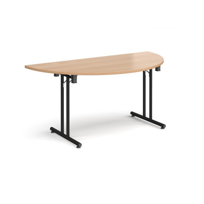 Semi circular folding leg table with black legs and straight foot rails 1600mm x 800mm - beech