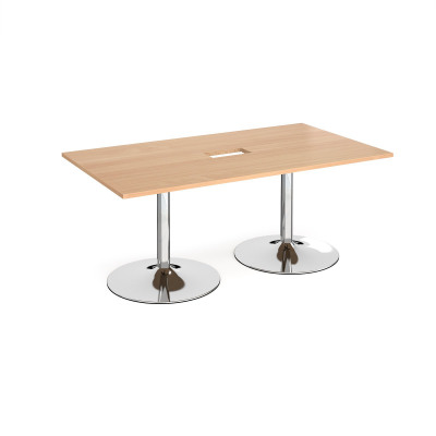 Trumpet base rectangular boardroom table 1800mm x 1000mm with central cutout 272mm x 132mm - chrome base and beech top