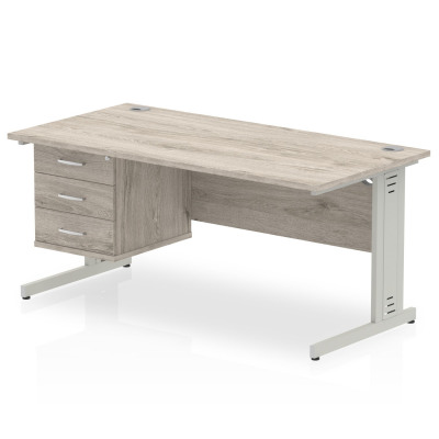 Impulse 1600 Rectangle Silver Cable Managed Leg Desk Grey Oak 1 x 3 Drawer Fixed Ped
