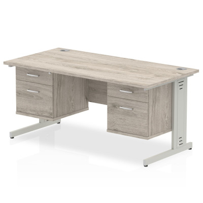Impulse 1600 Rectangle Silver Cable Managed Leg Desk Grey Oak 2 x 2 Drawer Fixed Ped