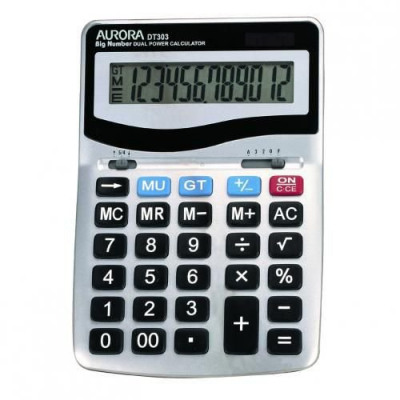 Aurora DT-303 Desktop Calculator Battery/Solar-power 12 Digit 3 Key Memory