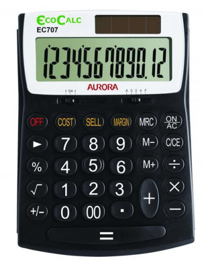 Aurora EcoCalc Desktop Calculator Recycled Solar/Battery Power 12 Digit 3 Key Memory Code EC707