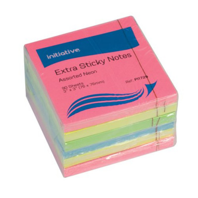 Initiative Extra Sticky Notes Assorted Neon Colours 76x76mm 90 Sheets Per Pad
