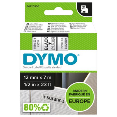 Dymo D1 Labelmaker Tape 7mx12mm Black on Clear