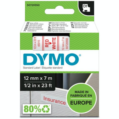 Dymo D1 Labelmaker Tape 7mx12mm Red on White