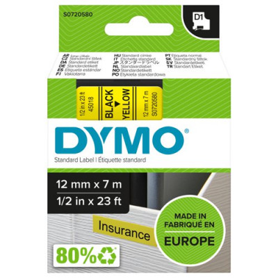Dymo D1 Labelmaker Tape 7mx12mm Black on Yellow