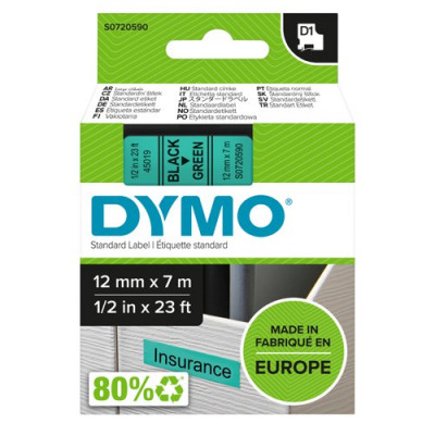 Dymo D1 Labelmaker Tape 7mx12mm Black on Green