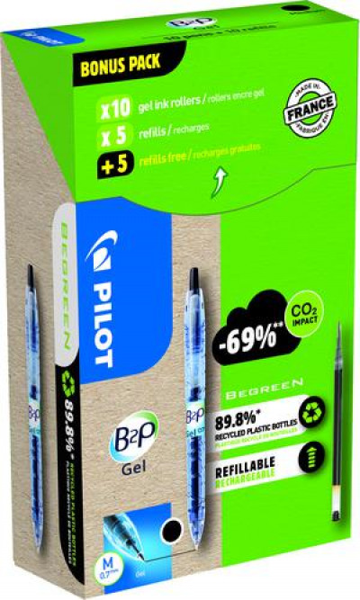 B2P Gel - Gel ink roller - Greenpack 10 Pens + 10 Refills - Black - Medium Tip