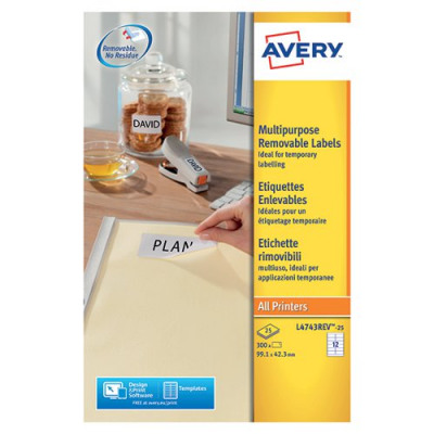 Avery Removable Labels 99.1x42.3mm 12 Per Sheet White (Pack of 300) L4743REV-25