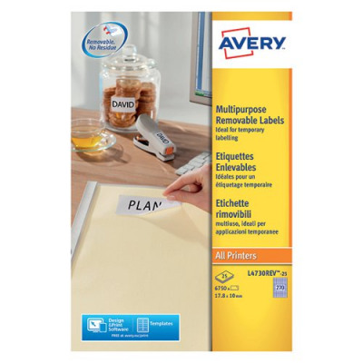 Avery Removable Labels 17.8x10mm 270 per sheet White (Pack of 6750) L4730REV-25