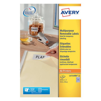 Avery Removable Labels 25.4x10mm 189 per sheet White (Pack of 4725) L4731REV-25
