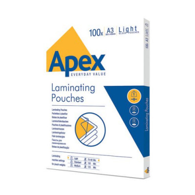 Fellowes Apex A3 Light Duty Laminating Pouches 150 Micron Clear (Pack of 100) 6001901