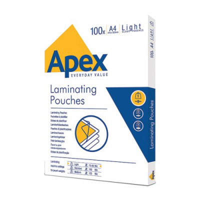 Fellowes Apex Light Duty A4 Laminating Pouches 150 Micron Clear (Pack of 100) 6003201