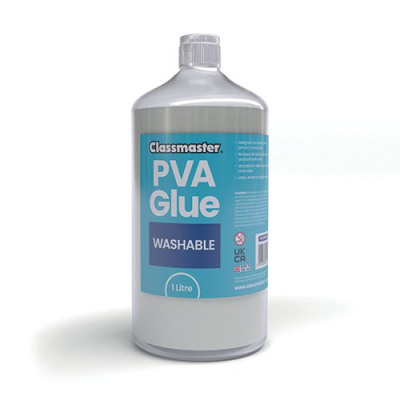 Classmaster White Washable Blue Label PVA Glue 1L Bottle with Screw Cap PVA1000BU