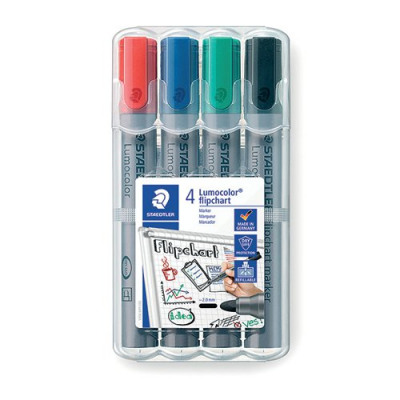 Staedtler Lumocolor Flipchart Markers Dry-safe Bullet Tip 2mm Wallet Asstd Colours Ref 356WP4 [Pack 4]