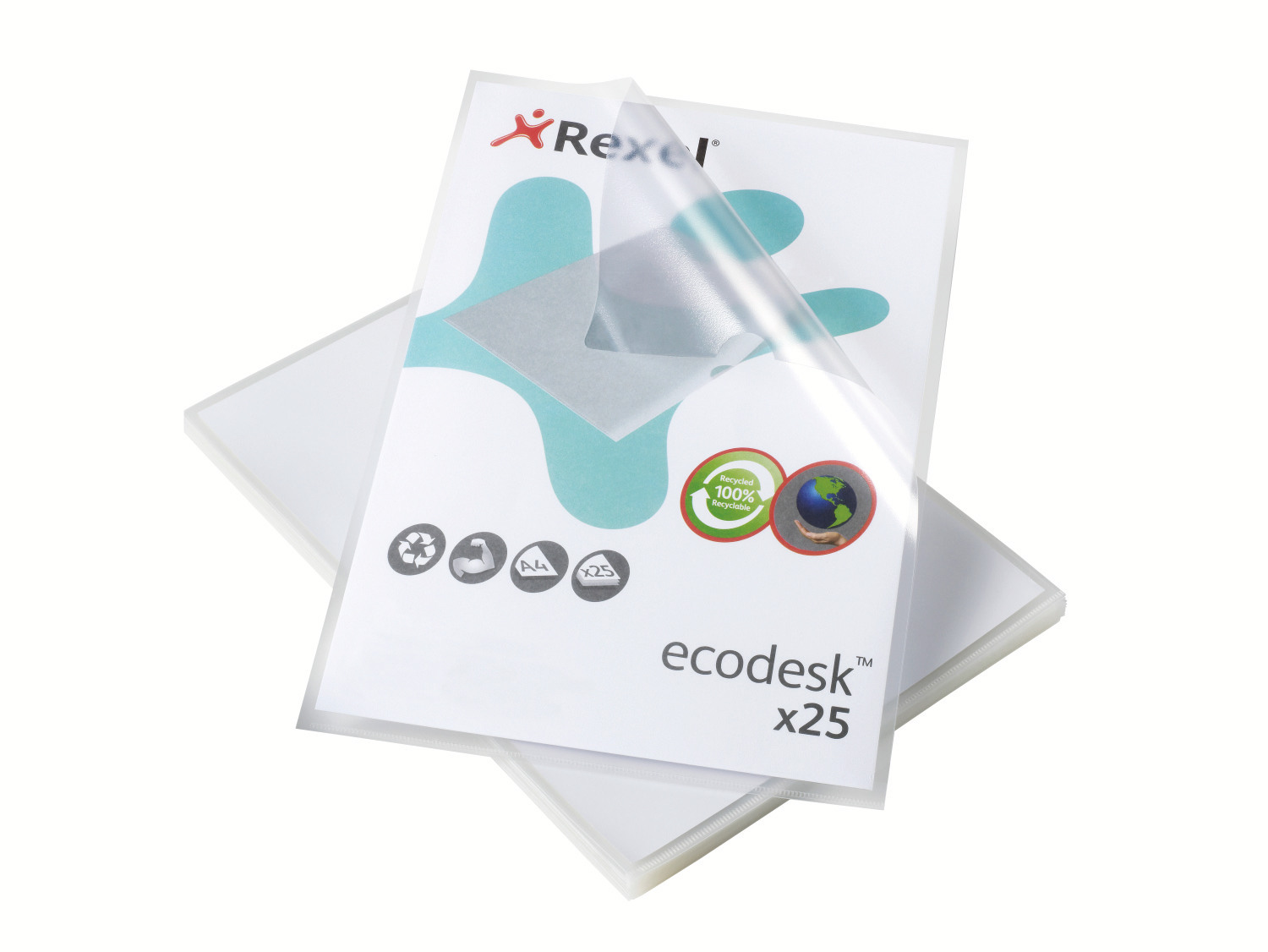 Rexel EcoDesk A4 Document Folders, Clear Embossed, Extra Strong 140mic, Recyclable, Cut Flush, L-Folder, Pack of 25 - Outer carton of 4