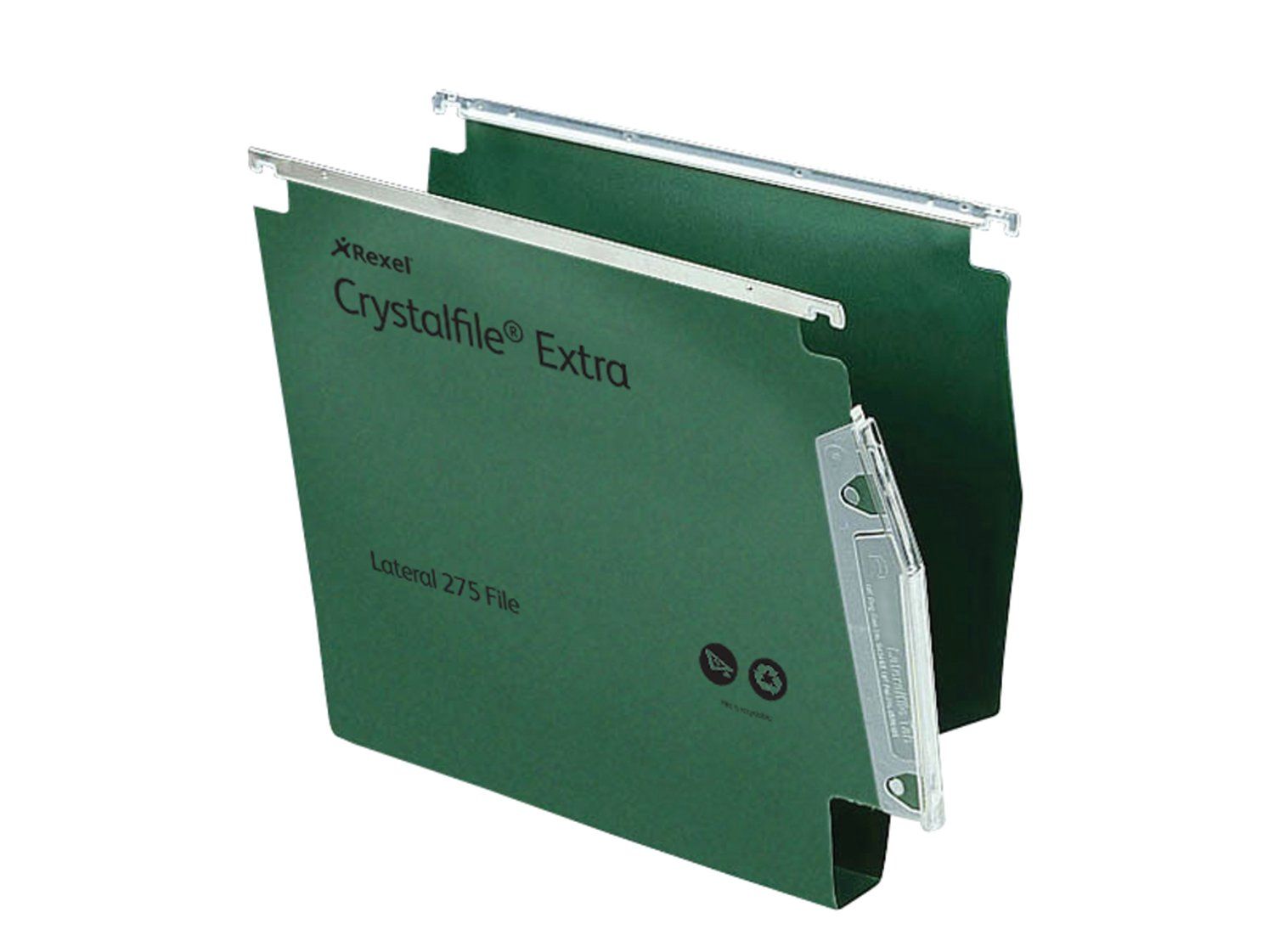 Rexel 275 Lateral Hanging Files with Tabs and Inserts, 30mm base, Polypropylene, Green, Crystalfile Extra, Pack of 25