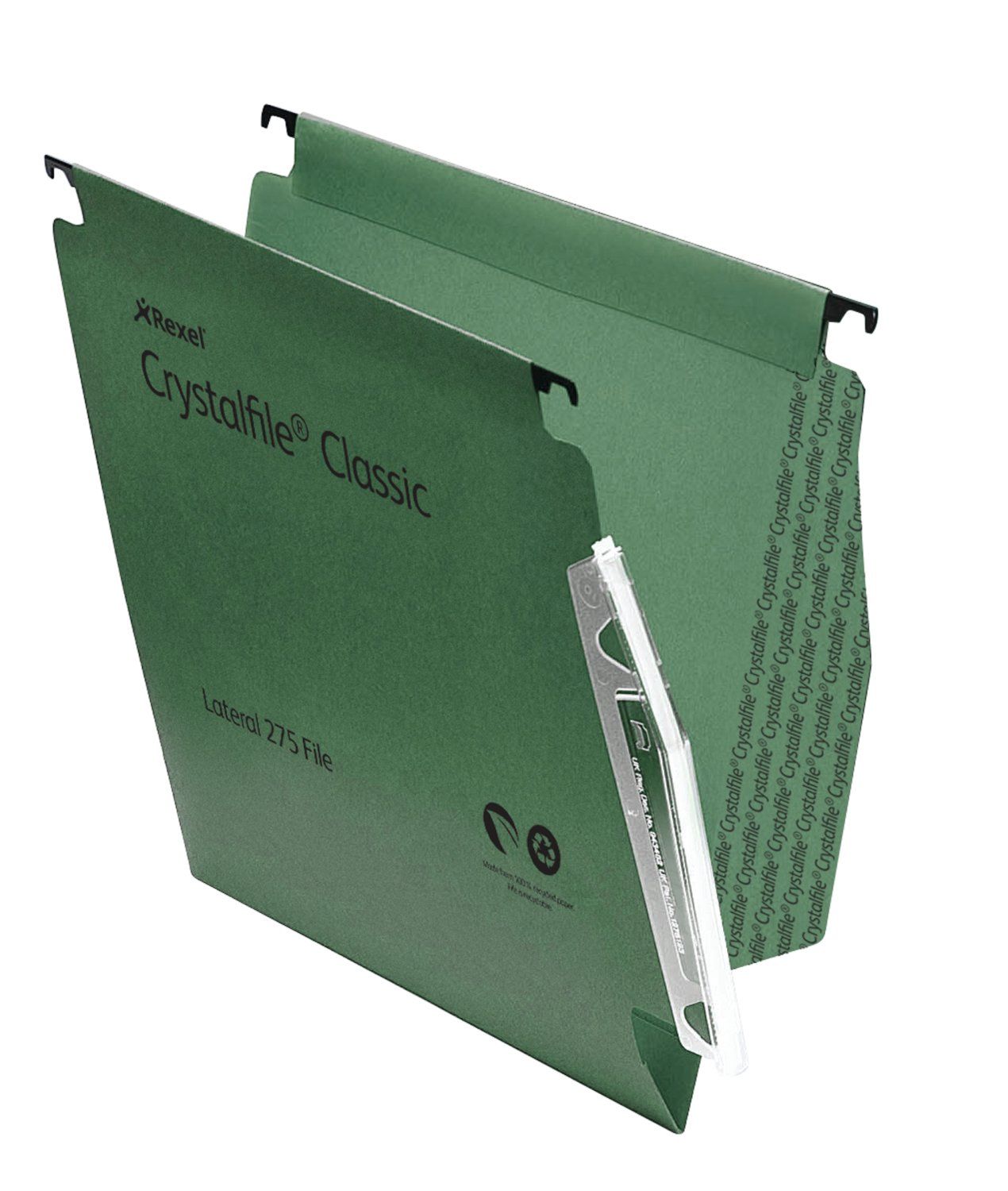 Rexel 275 Lateral Hanging Files with Tabs and Inserts, 15mm V-base, 100% Recycled Manilla, Green, Crystalfile Classic, Pack of 50