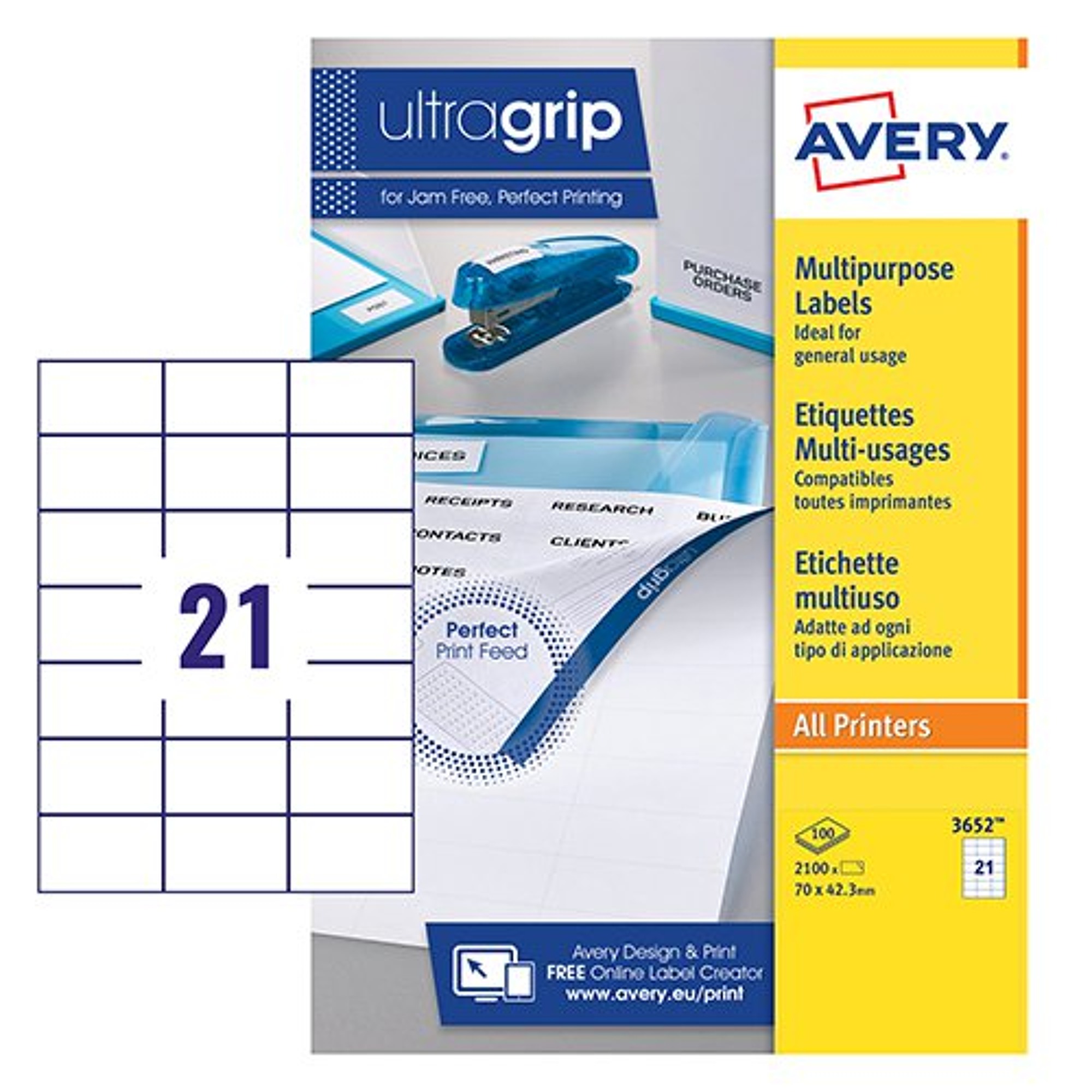 Avery+Multipurpose+Label+70x42mm+21+Per+A4+Sheet+White+%28Pack+2100+Labels%29+3652