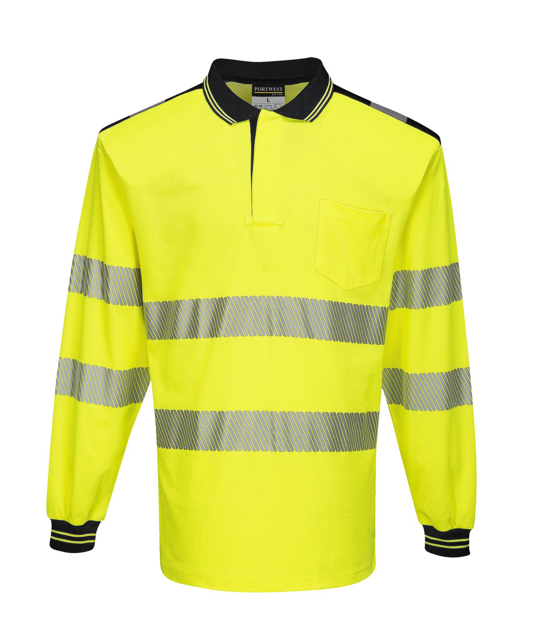 Portwest T184 PW3 Hi-Vis Cotton Comfort Polo Shirt L/S Yellow/Black L